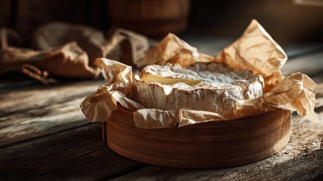 Camembert cheese unwrapping in wooden box on rustic table