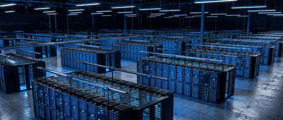 Data Center Infrastructure: An expansive data center hums with the pulse of global connectivity, filled with rows of servers. Reflecting the core of information technology infrastructure.