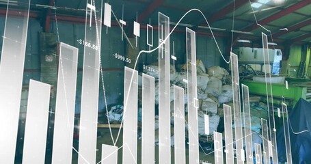 Animation of multiple graphs over piled up sacks in warehouse of scrapyard - Powered by Adobe