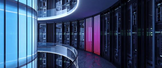 Data Center Interior: A futuristic data center, its sleek design of glass and metal creating an aura of innovation and security, showcasing the nerve center of modern technology.