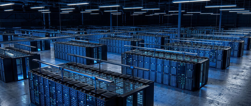 Data Center Infrastructure: An expansive data center hums with the pulse of global connectivity, filled with rows of servers. Reflecting the core of information technology infrastructure. - Powered by Adobe