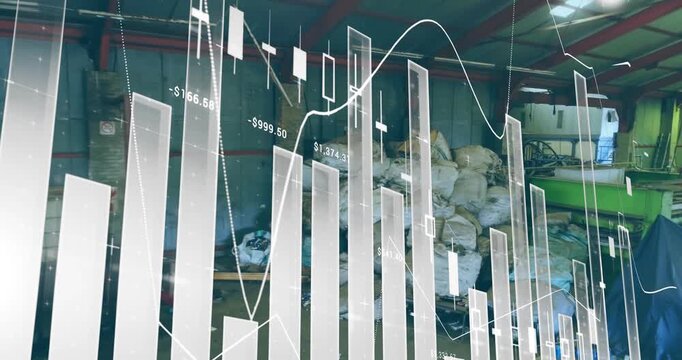 Animation of multiple graphs over piled up sacks in warehouse of scrapyard