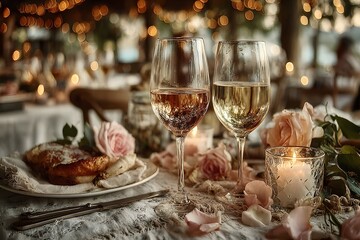 Romantic Dinner Setting with Wine Glasses and Candlelight