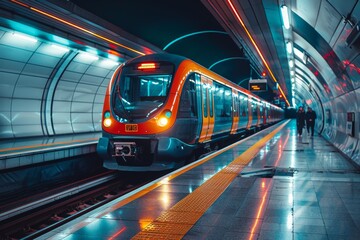 selective focus on close-up of metro train in motion on city tracks