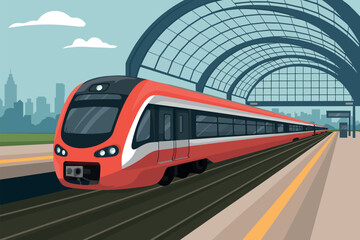 Modern Red Passenger Train Arriving at Urban Railway Station, Cityscape Vector