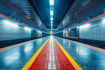 selective focus on metro train arriving at underground station