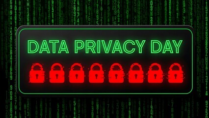 Data Privacy Day Digital Security Concept with Padlocks and Matrix Code Background.