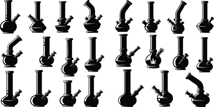 Set of water pipes and glass containers, with one item featuring a distinct leaf emblem