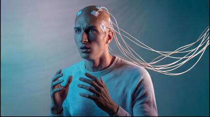 Bald cyborg man with electrodes crackling on his head, a serious look in cold lighting. Sci-fi concept of thought scanning and VR integration.