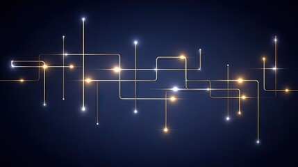 Abstract glowing lines and dots creating a modern network design in dark blue background with shimmering stars and elegant light trails