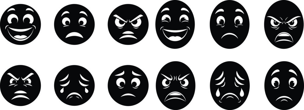 Vector set of expressive black emoji face icons displaying a range of human emotions