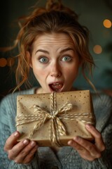 selective focus on happy woman unwrapping present showing excitement and delight