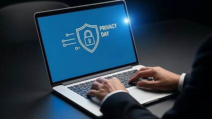 Man working on laptop with privacy shield icon, symbolizing data protection and cybersecurity.