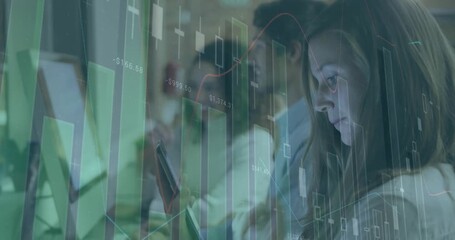 Animation of statistical data processing over caucasian woman using digital tablet at office - Powered by Adobe