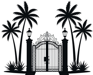 Palm Gate Tropical Silhouette Illustration &ndash; Ornamental Entrance Landscape Art