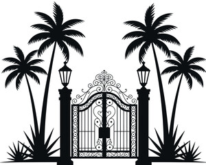 Palm Gate Silhouette &ndash; Tropical Ornamental Garden Entrance Design