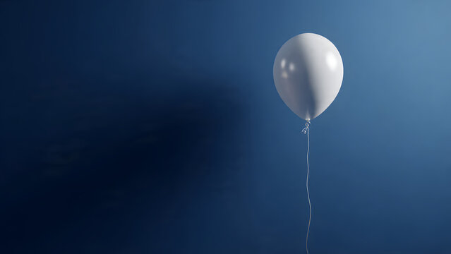 A high-end, minimalist studio photograph of a single pristine white balloon floating perfectly in the center of a solid, deep navy blue background - Powered by Adobe