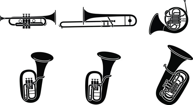 brass musical instruments trumpet, Trombone, French Horn, Tuba/Euphonium vector illustration icon silhouette. 