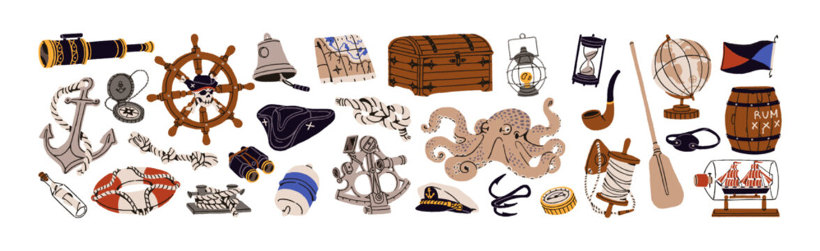 Set of different pirate items for sailing adventures. Symbols and elements of buccaneering: map of treasure, skull, ship wheel, anchor and chest. Flat isolated vector illustrations on white background
