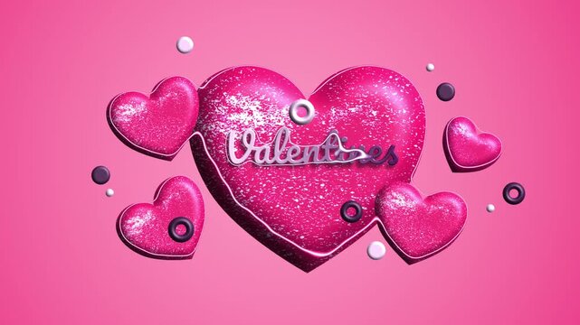 Pink glitter Valentines hearts 3D animation on pink background