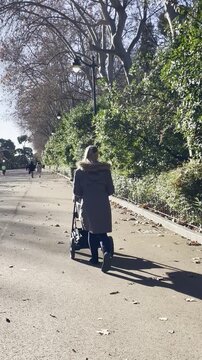 Mujer madre con carrito de beb&eacute; paseando a reci&eacute;n nacido