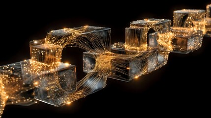 Digital Data Chain with Glowing Particles Flowing Through Abstract Blocks
