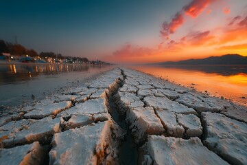 Sunset Reflections on Cracked Lakebed Landscape for Nature and Climate Change Themes
