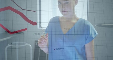 Animation of financial data processing over caucasian female doctor - Powered by Adobe