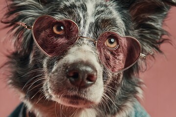Stylish Dog Wearing Heart-Shaped Sunglasses on Pink Background for Fashion or Valentine's Day Design