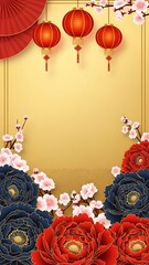 Luxury Chinese New Year vertical background with gold paper texture, red and blue peony flowers, and hanging traditional lanterns for spring festival greeting.