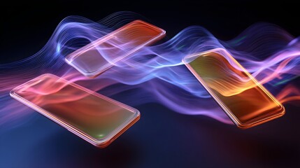 Futuristic Smartphones with Digital Data Streams and Vibrant Light Waves