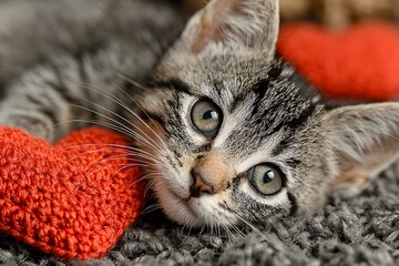 Adorable Kitten with Crocheted Heart for Valentine's Day Love Concept