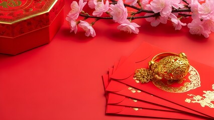 Realistic close-up of red envelopes (Hong Bao) with gold coins and pink cherry blossoms on a red surface for Chinese New Year celebration.