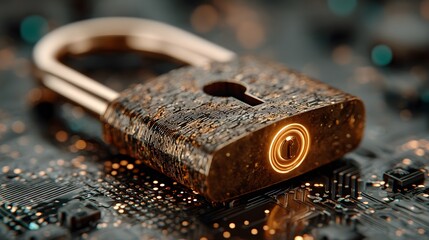 Cybersecurity and Data Protection Concept with Futuristic Lock on Circuit Board Design