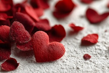 Romantic Heart-Shaped Red Rose Petals on Soft White Background for Valentine's Design
