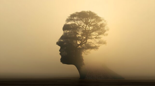 Abstract human head silhouette with tree inside, mind-nature connection, environmental thought