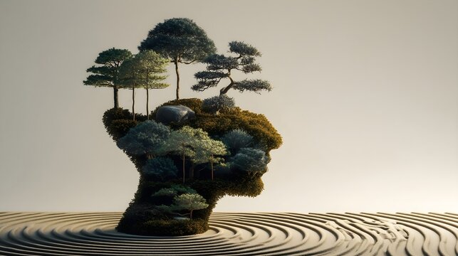 Mindful nature landscape in a human head, symbolizing growth and inner peace