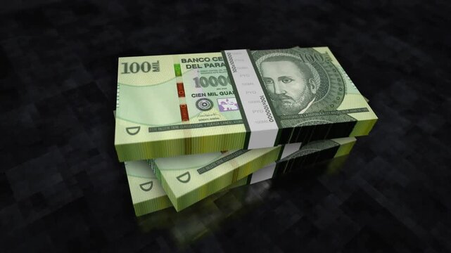 Paraguay guarani Paraguayan money pile pack. Concept background of economy, banking, business, crisis, recession, debt and finance. 100000 PYG banknotes stacks 3d animation.