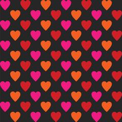 Pattern created from neon pink, orange and red hearts on a black background
