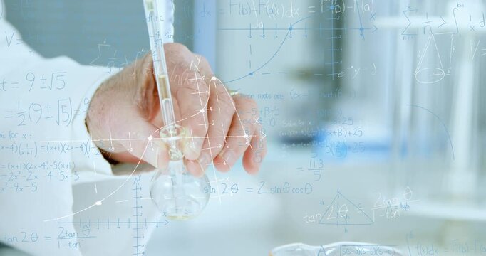 Animation of mathematical equations on mid section of scientist performing experiment at laboratory