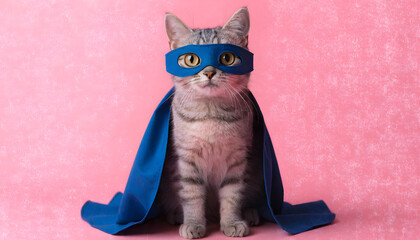 Grey tabby cat in blue superhero cape and mask on pink background © Mimi