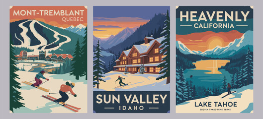 Ski Resort Travel Poster &ndash; Vintage Mont Tremblant Sun Valley Tahoe Scene