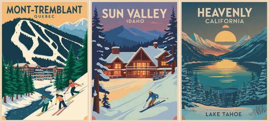 Ski Resort Travel Poster &ndash; Mont Tremblant Sun Valley Heavenly Lake Tahoe Illustration
