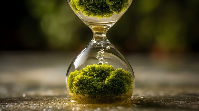 Green Moss Hourglass Symbolizing Environmental Time and Nature's Cycle