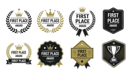 Obraz premium Collection of gold and black first place award badges and labels with crowns and laurel wreaths on white background