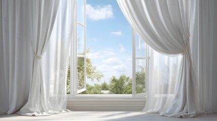 Open window with flowing white curtains revealing a bright blue sky and green trees © AgungKY