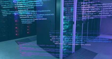 Animation of multicolored computer language over data server systems in server room - Powered by Adobe