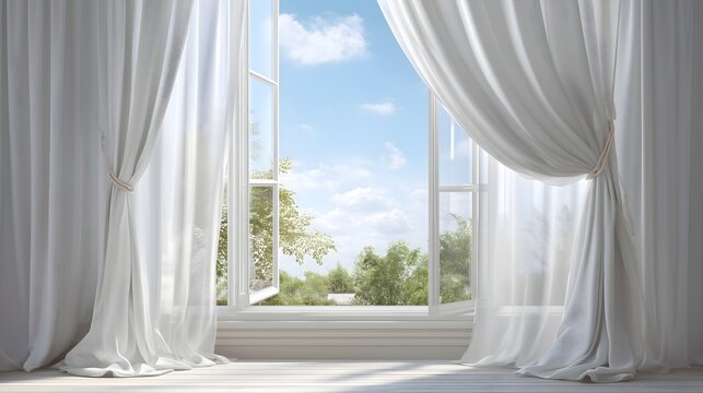 Open window with flowing white curtains revealing a bright blue sky and green trees