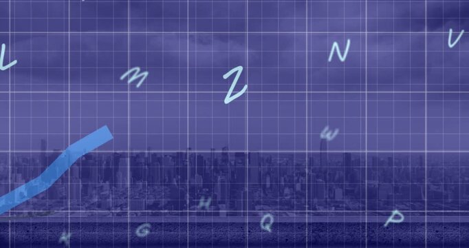 Animation of graphs with letter and grid pattern over modern cityscape against cloudy sky