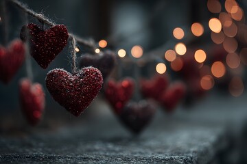 Rustic Valentine's Day Heart Decorations with Warm Bokeh Lighting for Romantic Designs